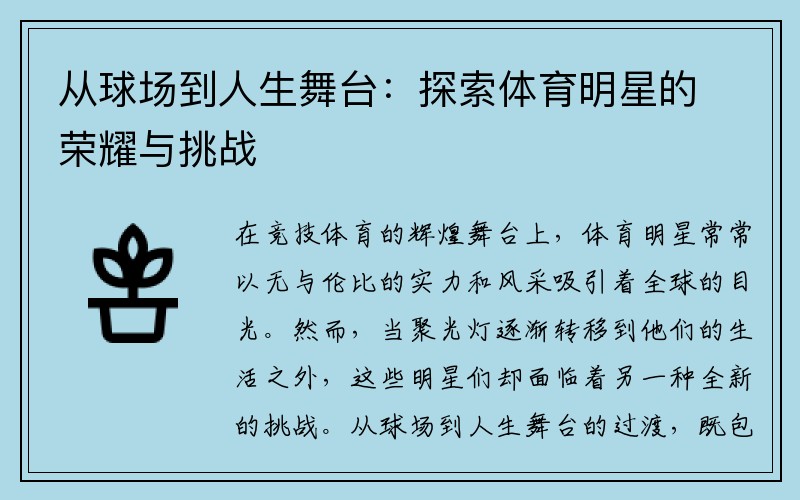 从球场到人生舞台：探索体育明星的荣耀与挑战