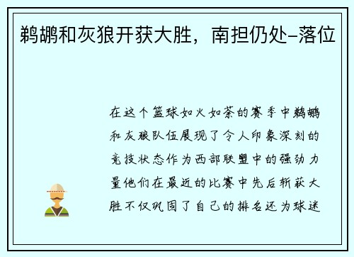 鹈鹕和灰狼开获大胜，南担仍处-落位